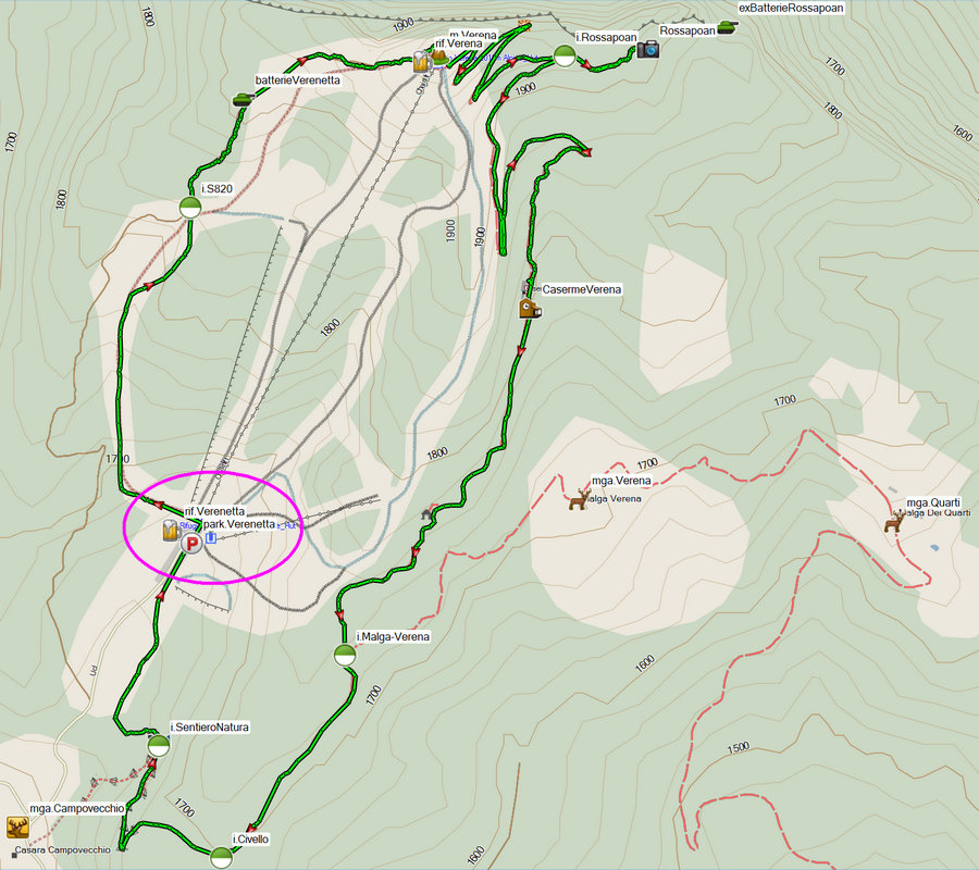 mappa escursione da piazzale Verenetta a Cima Verena, Mezzaselva di Roana, Altopiano di Asiago