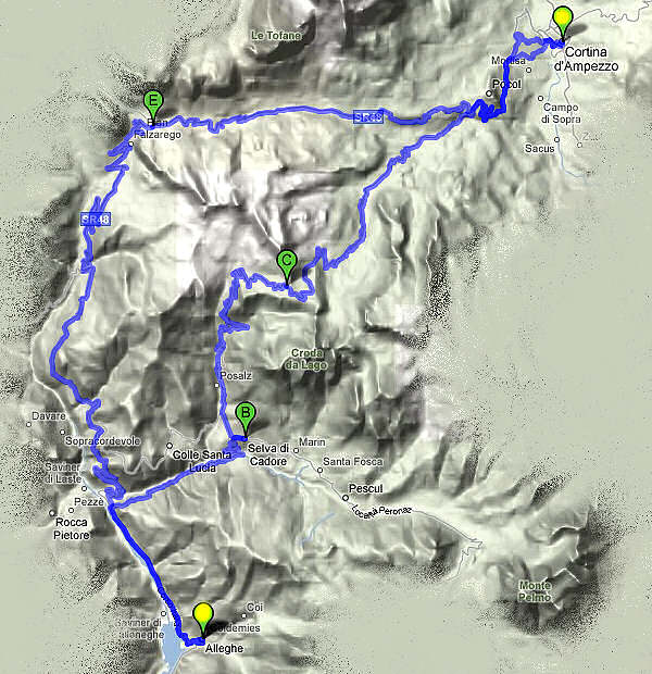 mappa percorso cicloturistico Alleghe, passo Giau, Cortina, Falzarego