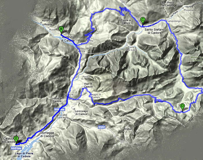 mappa percorso cicloturistico Cadore, Comelico, Lavardet