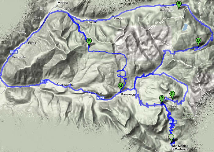 mappa percorso cicloturistico Cimon della Pala, Passo Rolle