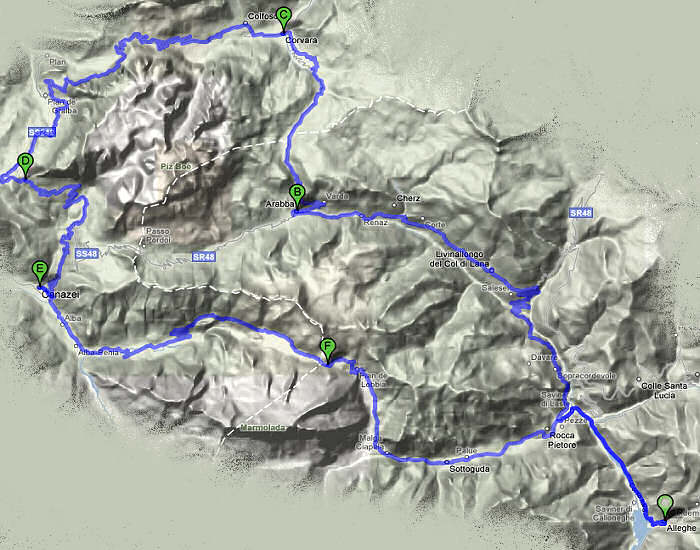 mappa percorso cicloturistico passo Gardena, Sella, Fedaia