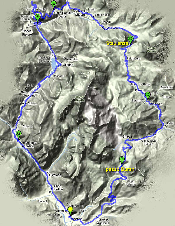 mappa percorso cicloturistico Agordo, passo Duran, Zoldo, forcella Staulanza, Alleghe